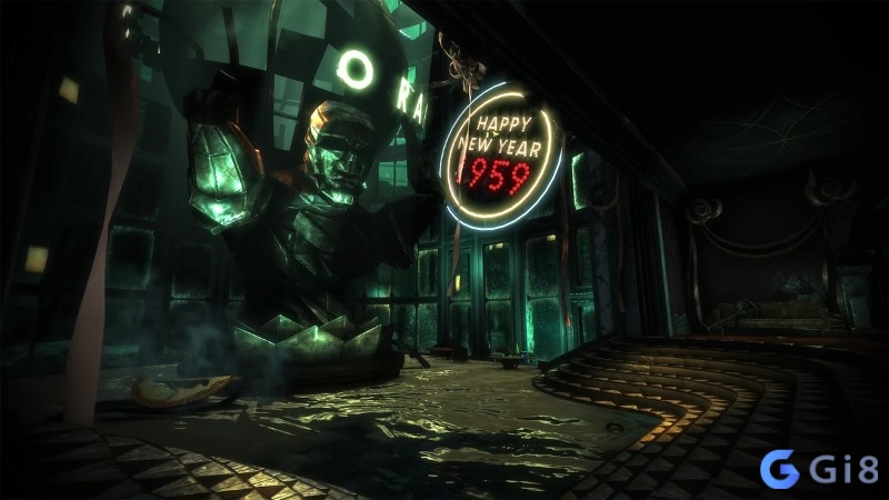 H&agrave;nh lang Rapture phong c&aacute;ch Art Deco với &aacute;nh đ&egrave;n v&agrave;ng v&agrave; vũng nước phản chiếu trong game BioShock Remastered