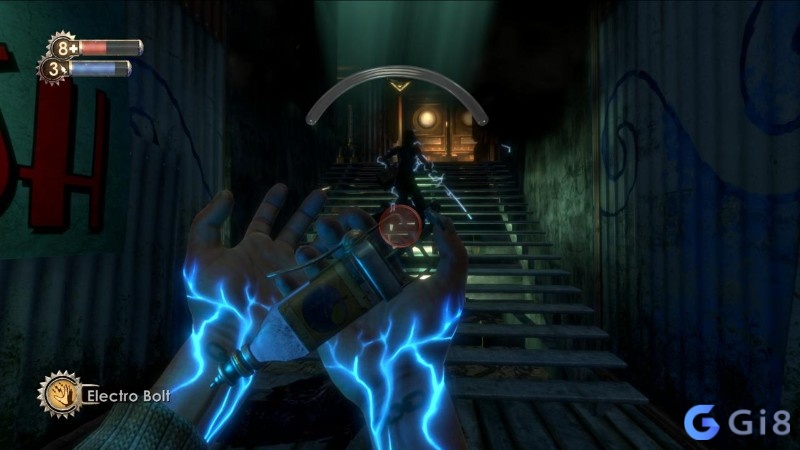 Hiệu ứng plasmid tr&ecirc;n tay người chơi với tia điện s&aacute;ng trong h&agrave;nh lang tối