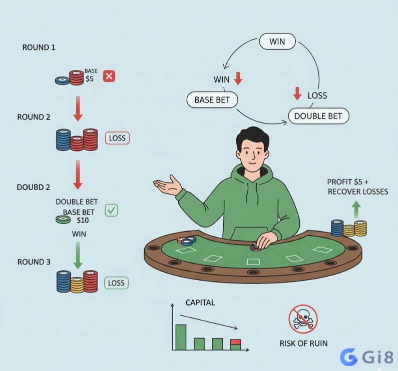 Người chơi Blackjack thực h&agrave;nh Martingale: tăng cược gấp đ&ocirc;i khi thua v&agrave; quay về cược cơ sở khi thắng để thu hồi lợi nhuận