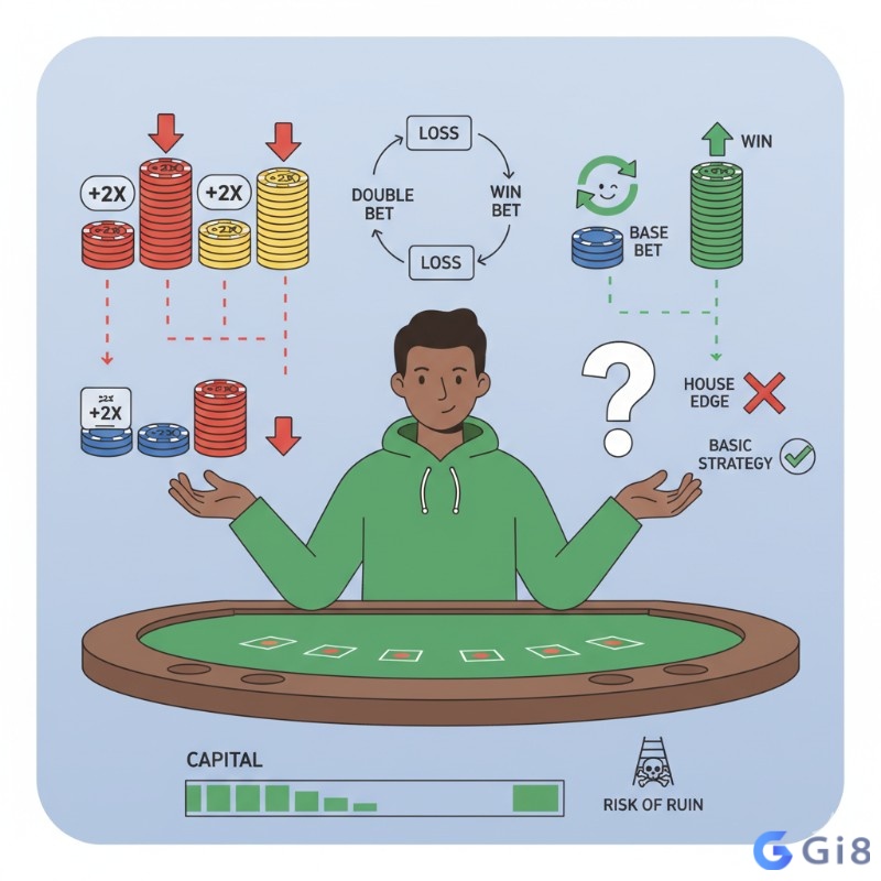 Người chơi Blackjack minh họa chiến thuật cược gấp thếp blackjack với chuỗi cược gấp đ&ocirc;i khi thua v&agrave; quay về cược gốc khi thắng