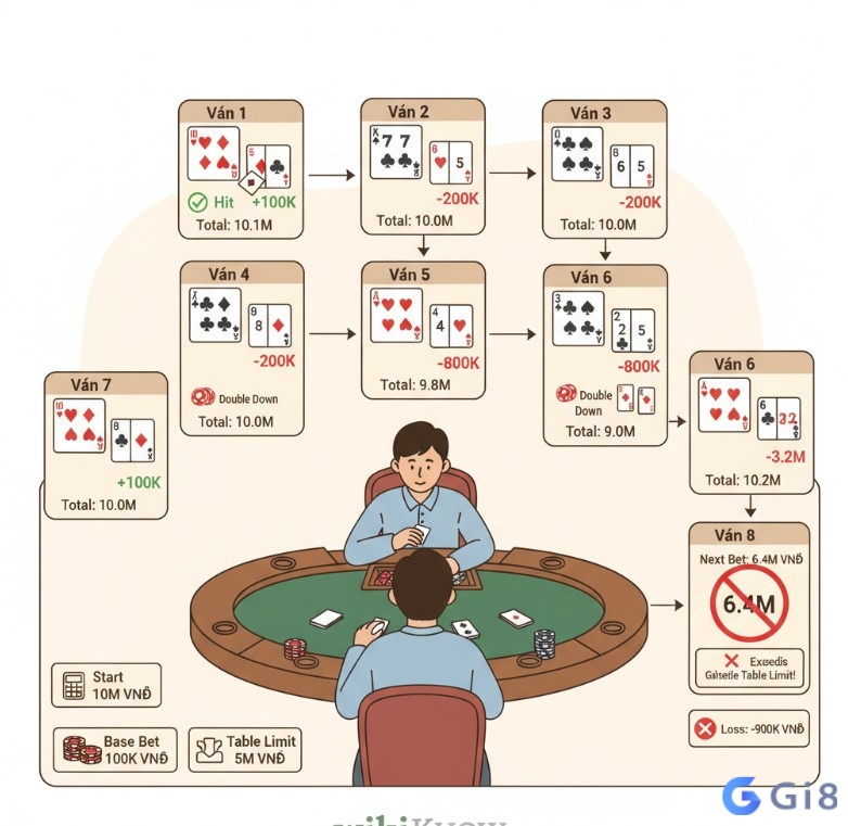 Người chơi &aacute;p dụng chiến thuật Martingale khi chơi Blackjack, quản l&yacute; vốn cược qua c&aacute;c v&aacute;n b&agrave;i v&agrave; giới hạn b&agrave;n