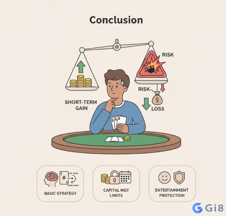 Người chơi Blackjack c&acirc;n nhắc rủi ro khi d&ugrave;ng Martingale, kết hợp chiến lược cơ bản v&agrave; kiểm so&aacute;t t&agrave;i ch&iacute;nh