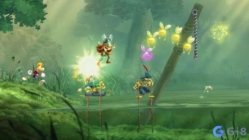 Rayman Legends coop giãn đội hình để vượt đoạn đường hẹp nhiều bẫy