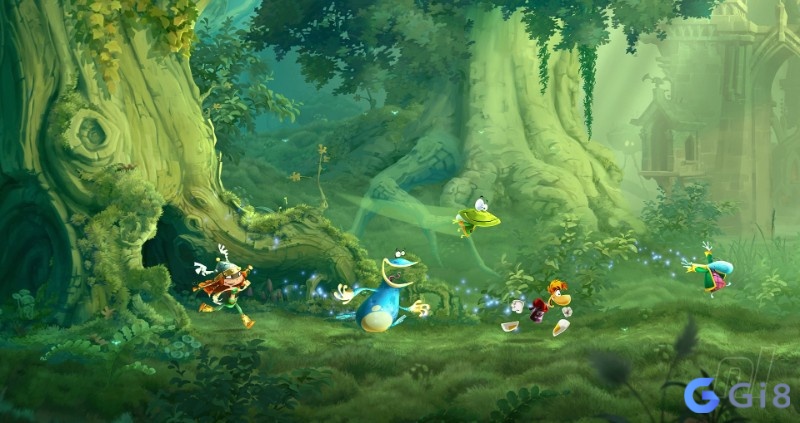 Game Rayman Legends cảnh chạy nhảy cuộn ngang với bẫy và vật phẩm thu thập