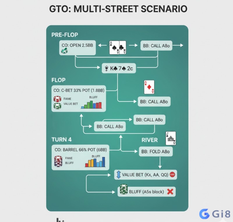 Người chơi poker thực h&agrave;nh chiến lược GTO trong kịch bản multi-street, bao gồm pre-flop, flop, turn v&agrave; river để đưa ra quyết định tối ưu