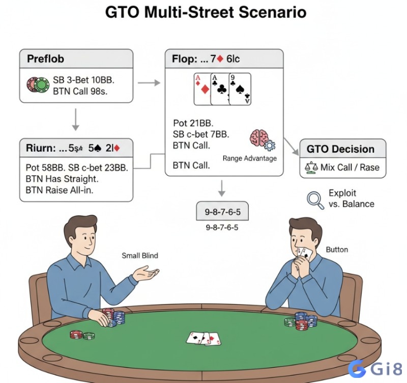 Người chơi poker ph&acirc;n t&iacute;ch c&aacute;c l&aacute; b&agrave;i v&agrave; h&agrave;nh động của đối thủ để đưa ra quyết định GTO trong pot 3-bet