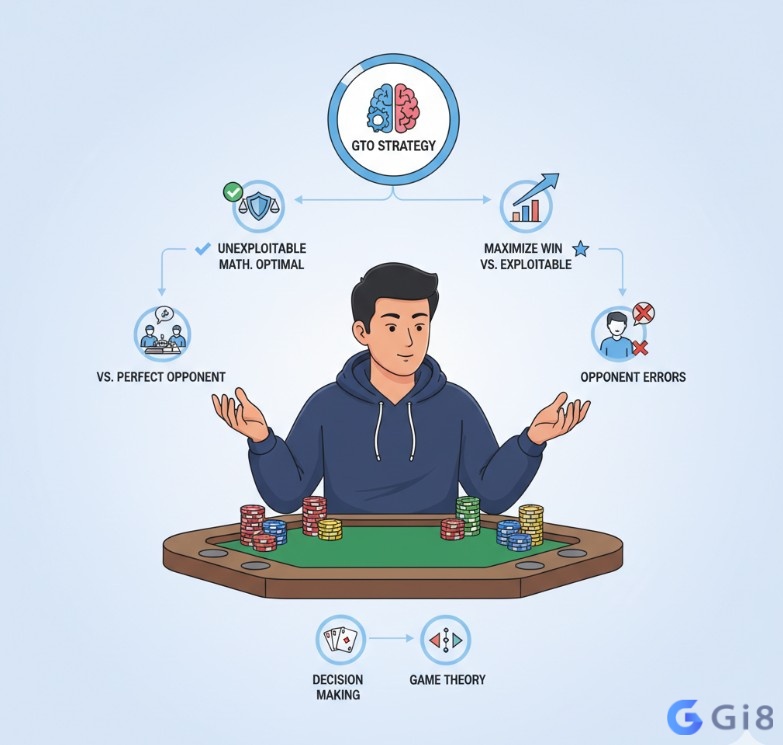 Người chơi poker ph&acirc;n t&iacute;ch chiến lược Tối ưu L&yacute; thuyết Tr&ograve; chơi (GTO) để đưa ra quyết định kh&ocirc;ng thể bị khai th&aacute;c