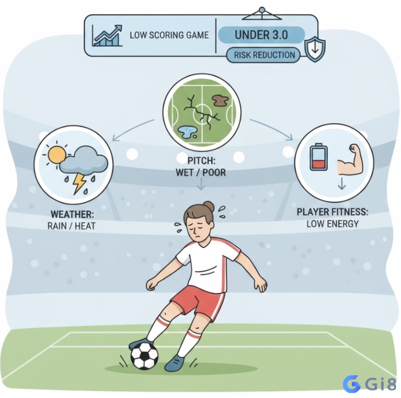 Cầu thủ b&oacute;ng đ&aacute; đang chơi tr&ecirc;n s&acirc;n với c&aacute;c yếu tố ngoại cảnh như thời tiết, s&acirc;n b&atilde;i v&agrave; thể lực ảnh hưởng đến hiệu suất ghi b&agrave;n