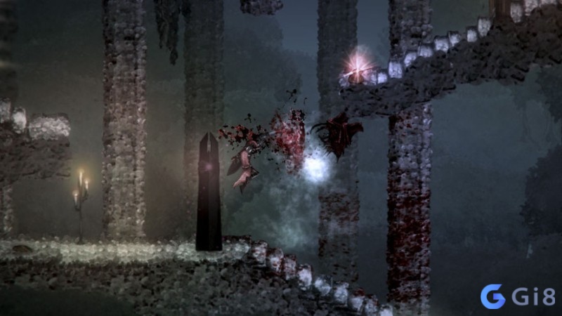 Nh&acirc;n vật đối đầu kẻ địch trong m&ocirc;i trường 2D u tối, thể hiện r&otilde; phong c&aacute;ch chiến đấu của Salt and Sanctuary