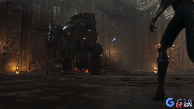 Aegis đối đầu boss robot khổng lồ bên trong Cung điện Louvre trong Steelrising