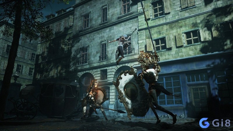 Aegis tấn công robot địch bằng vũ khí cận chiến trong Steelrising