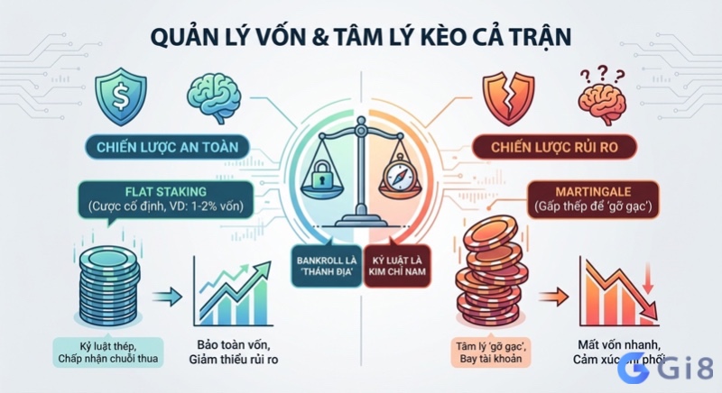 Bảng so s&aacute;nh chiến lược quản l&yacute; vốn v&agrave; t&acirc;m l&yacute; k&egrave;o cả trận: Flat Staking giữ vốn, Martingale mất vốn nhanh