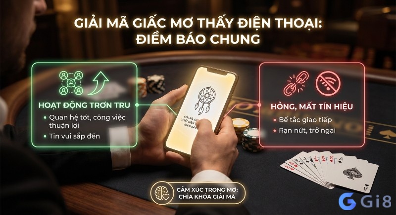 Sơ đồ phân tích điềm báo chung khi mơ thấy điện thoại, giải thích hoạt động trơn tru hay hỏng tín hiệu và cảm xúc