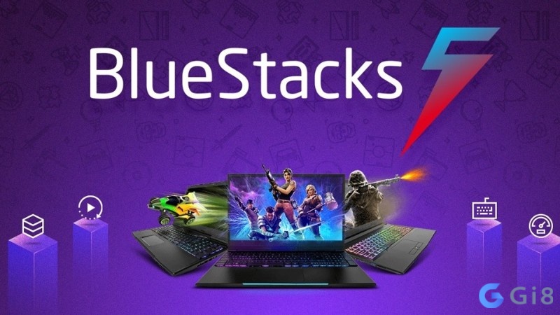 Giao diện BlueStacks trên máy tính với kho game Android và khu vực điều khiển bằng bàn phím