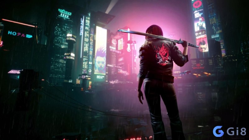 V thực hiện nhiệm vụ trong game Cyberpunk 2077 với góc nhìn thứ nhất giữa không gian đô thị neon