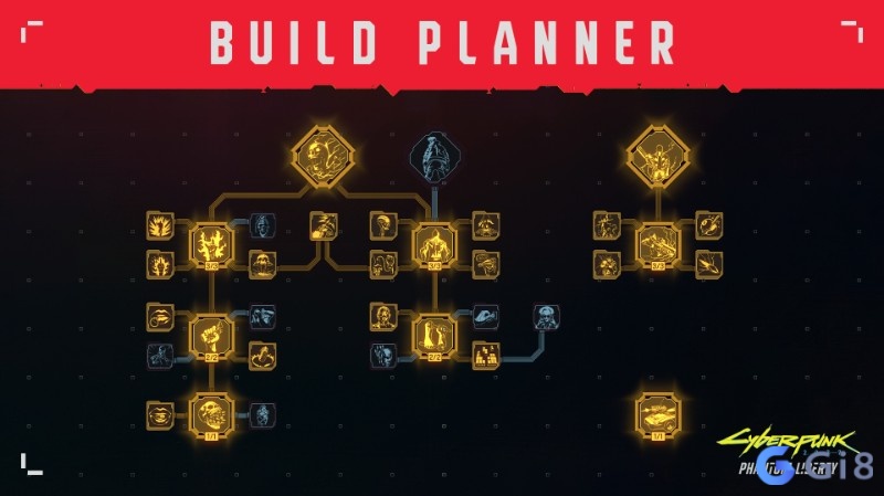 Giao diện nâng cấp kỹ năng và cấy ghép cho nhân vật V trong thế giới cyberpunk