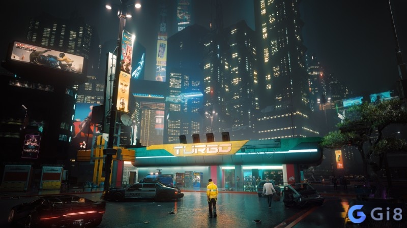 Toàn cảnh Night City với xe cộ, biển quảng cáo và các khu vực đô thị dày đặc ánh đèn