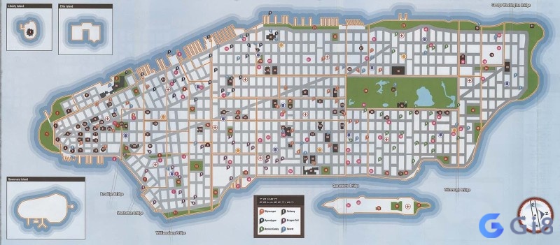 Bản đồ Manhattan hiển thị hoạt động phụ, thử thách và các điểm sưu tầm để người chơi tiếp tục khám phá