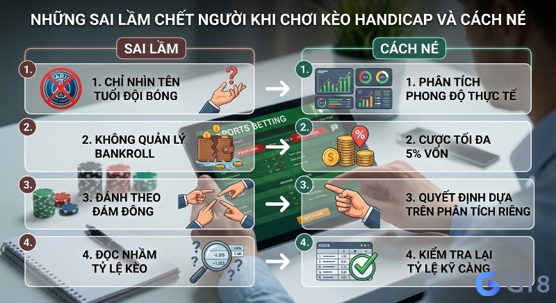 Checklist những sai lầm chết người và cách né hiệu quả khi chơi kèo Handicap, nhấn mạnh quản lý vốn và phân tích kèo