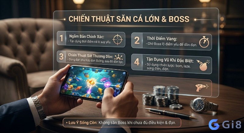 Tổng quan chiến thuật săn cá lớn và Boss giúp nâng cao kỹ năng qua 4 bước: ngắm bắn chính xác, thời điểm vàng, sát thương dồn, tận dụng vũ khí đặc biệt và lưu ý sống còn
