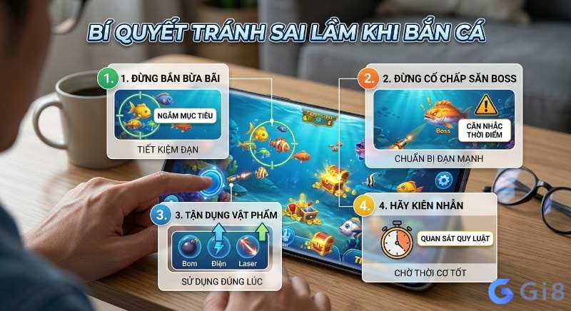 Tổng hợp 4 bí quyết giúp người chơi kinh nghiệm chơi game bắn cá tránh sai lầm chết người: ngắm mục tiêu, săn boss, dùng vật phẩm, kiên nhẫn