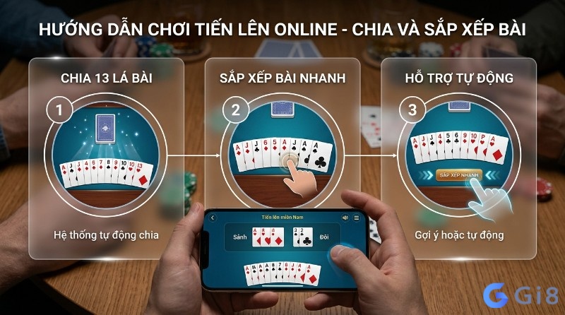 Quy trình 3 bước chia và sắp xếp bài khi cách chơi Tiến lên miền Nam online từ hệ thống tự động đến gợi ý sắp xếp nhanh trên điện thoại