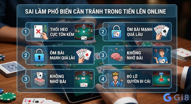 Tổng hợp 4 sai lầm phổ biến cần tránh khi cách chơi Tiến lên miền namonline gồm thối heo, ôm bài mạnh quá lâu, không nhớ bài và bỏ lỡ quyền đi cái