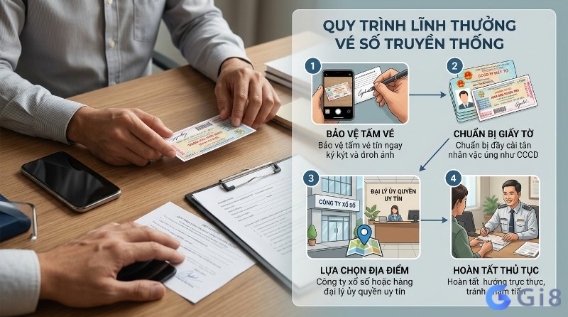 Cách lĩnh thưởng vé số trúng truyền thống với 4 bước: bảo vệ vé bằng cách ký và chụp ảnh, chuẩn bị CCCD, chọn công ty xổ số hoặc đại lý ủy quyền, và hoàn tất thủ tục