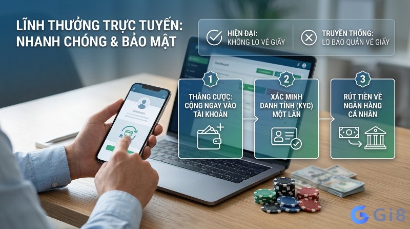 Lĩnh thưởng trực tuyến nhanh chóng, bảo mật: quy trình 3 bước tự động hóa gồm thắng cược vào tài khoản, xác minh KYC, rút tiền về ngân hàng cá nhân