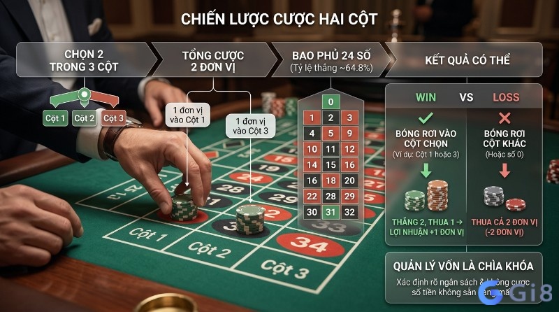 Chiến lược cược hai cột roulette, chọn 2 trong 3 cột, tổng cược 2 đơn vị, bao phủ 24 số (tỷ lệ thắng 64.8%), lợi nhuận +1 đơn vị, thua 2 đơn vị, quản lý vốn