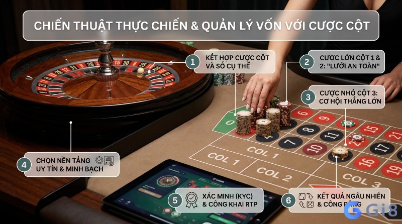Chiến thuật Column bet roulette là gì: kết hợp cược lớn Cột 1, 2 lưới an toàn, cược nhỏ số cụ thể Cột 3 cơ hội thắng lớn, chọn nền tảng uy tín, KYC, RTP