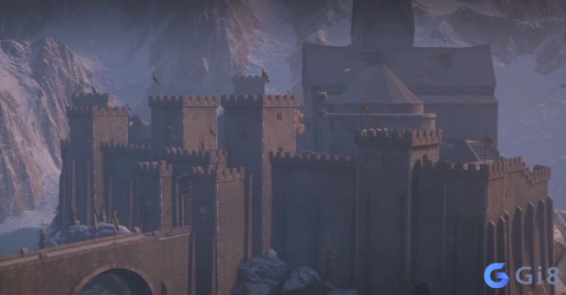 Pháo đài Skyhold nằm giữa núi tuyết với kiến trúc đá cổ