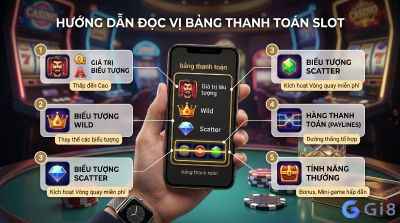 Hướng dẫn đọc bảng thanh toán máy slot (slot machine) là gì, giải thích giá trị biểu tượng, Wild, Scatter, Paylines và tính năng thưởng trên điện thoại