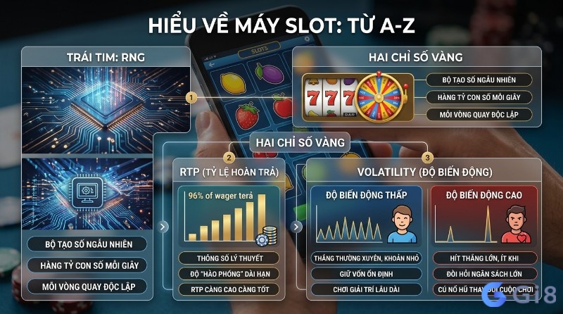 Máy slot (slot machine) là gì, RNG tạo số ngẫu nhiên độc lập, RTP tỷ lệ hoàn trả, Volatility thấp thắng nhỏ thường xuyên, cao thắng lớn ít khi