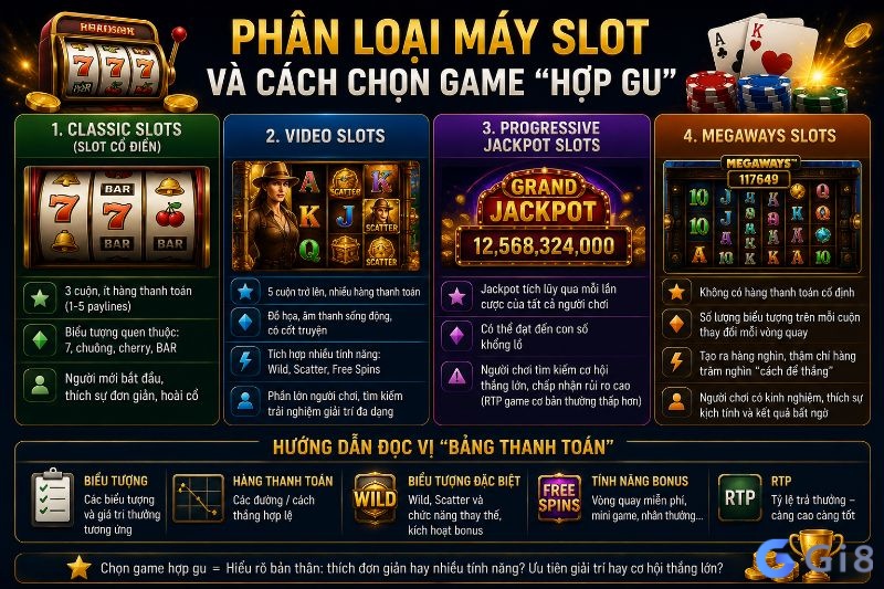 Mỗi dòng máy slot mang một phong cách trải nghiệm riêng, từ sự đơn giản của Classic Slots đến độ kịch tính của Megaways và Jackpot tích lũy