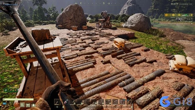 người chơi khai thác gỗ và đá ở đầu game