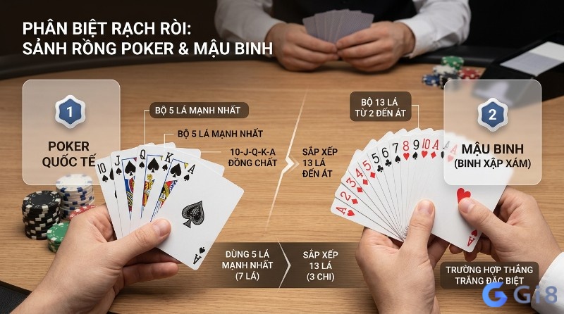 Phân biệt Sảnh rồng poker là gì: 10-J-Q-K-A đồng chất 5 lá và Mậu Binh 13 lá từ 2 đến Át không đồng chất