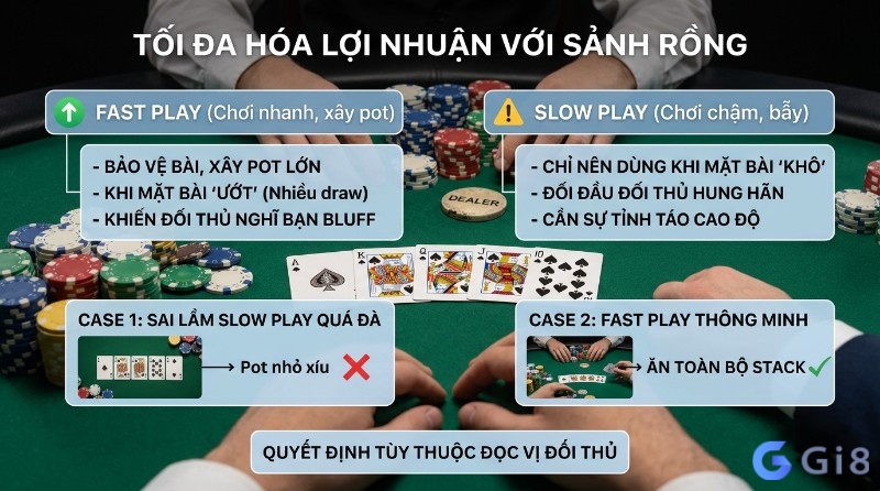 Chiến thuật tối đa hóa lợi nhuận với Sảnh rồng: Fast Play để xây pot lớn và Slow Play khi mặt bài khô, minh họa hai trường hợp