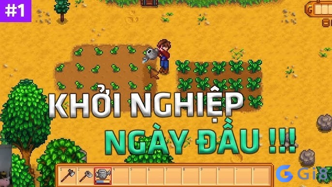 Nhân vật bắt đầu trang trại trong Stardew valley với đất hoang, cây cối và căn nhà nhỏ