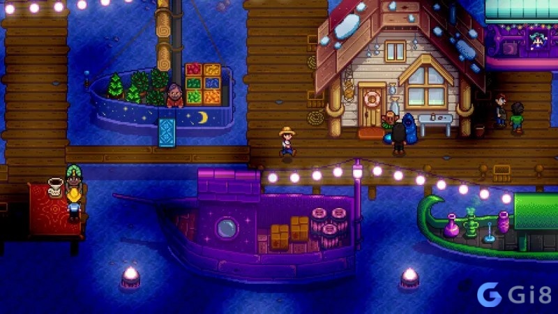 Trang trại pixel art với cây trồng, hàng rào, ngôi nhà và màu sắc thay đổi theo mùa