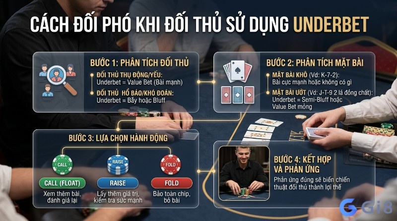 Hướng dẫn 4 bước đối phó Underbet là gì: phân tích đối thủ, mặt bài, lựa chọn hành động Call/Raise/Fold, kết hợp phản ứng để giành lợi thế