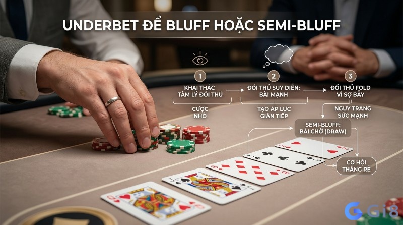 Chiến thuật Underbet là gì trong Poker để bluff hoặc semi-bluff, khai thác tâm lý đối thủ bằng cược nhỏ, khiến họ fold hoặc ngụy trang bài chờ (draw) trên bàn