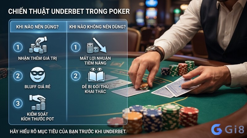 Chiến thuật Underbet là gì trong Poker, người chơi đặt chip trên bàn, liệt kê 3 lợi ích (nhận giá trị, bluff rẻ, kiểm soát pot) và 2 rủi ro (mất lợi nhuận, bị khai thác)