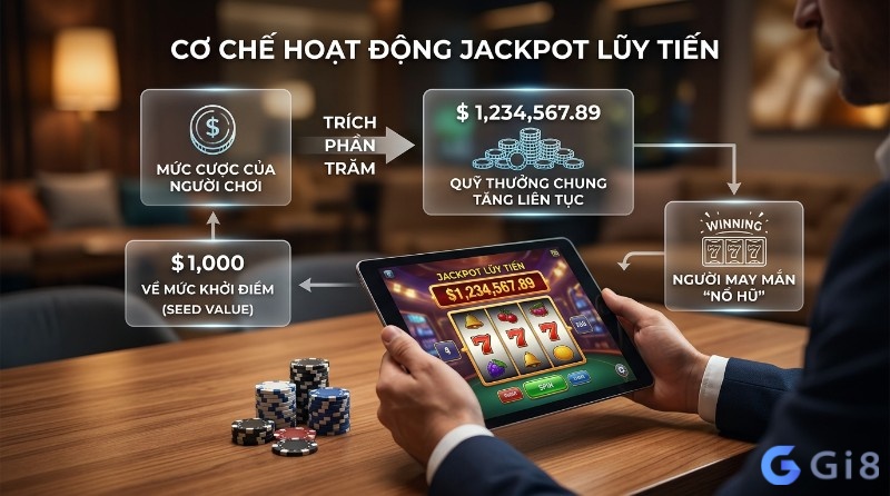 Cơ chế hoạt động game slot jackpot lũy tiến: người chơi đặt cược, trích phần trăm vào quỹ thưởng chung $1,234,567.89, người may mắn "nổ hũ" và jackpot về mức khởi điểm $1,000