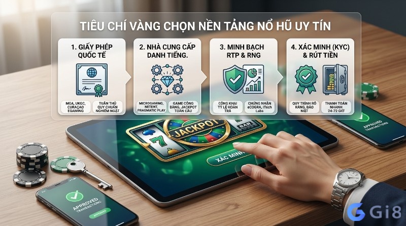 Tiêu chí vàng chọn nền tảng nổ hũ uy tín: giấy phép quốc tế, nhà cung cấp game danh tiếng, minh bạch RTP/RNG, xác minh KYC & rút tiền nhanh 24-72 giờ