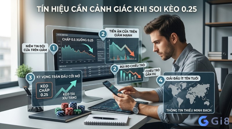 Tín hiệu cảnh giác khi soi kèo 0.25: tỷ lệ chấp 0.5 xuống 0.25, tiền ăn cửa trên giảm mạnh, kèo Tài Xỉu tăng, giải đấu ít tên tuổi thiếu minh bạch