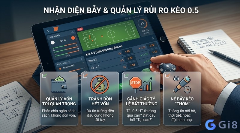Chiến lược quản lý rủi ro, kèo tài xỉu nửa trái: quản lý vốn, tránh dồn vốn, cảnh giác tỷ lệ bất thường, né bẫy kèo "thơm"