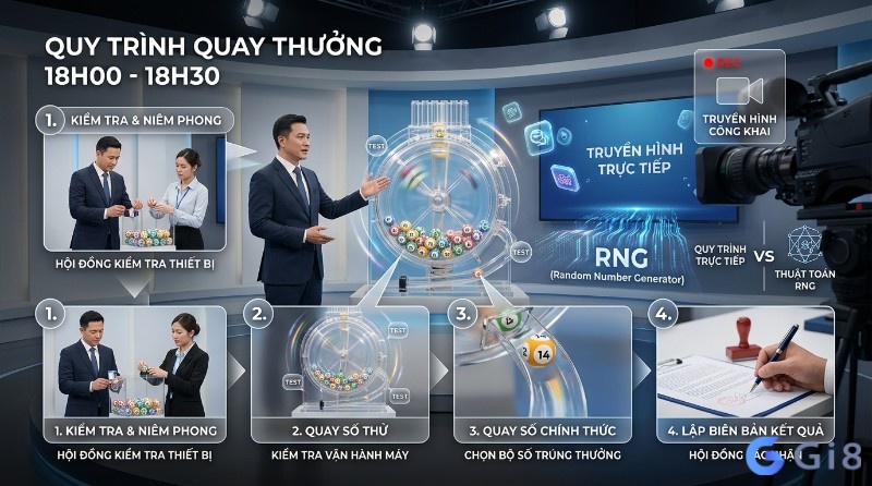 Quy trình lịch quay Vietlott thưởng trực tiếp 18h00-18h30: kiểm tra, niêm phong, quay thử, quay chính thức, lập biên bản. Minh bạch, công bằng, RNG